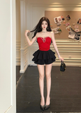 Stylish Strapless Red Beaded Top with Ruffled Black Skirt