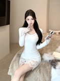 Elegant Long - sleeve White Bodycon Dress with Lace Details