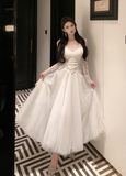 Elegant Long - sleeve White Lace Bodice Tulle Midi Dress