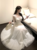 Elegant Long - sleeve White Lace Bodice Tulle Midi Dress