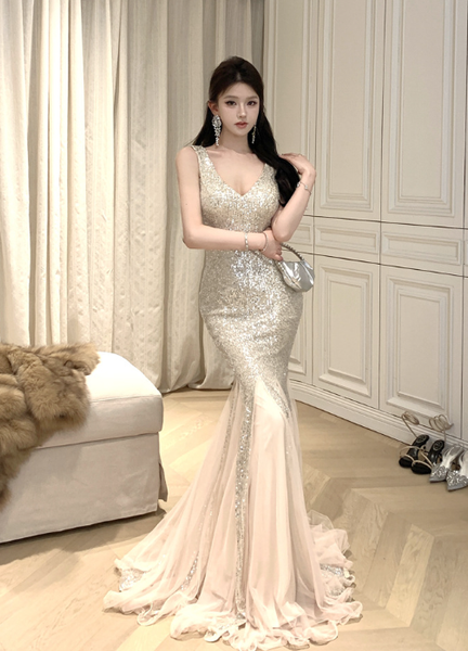 Elegant Sparkling Champagne Mermaid Dress with Chiffon Hem