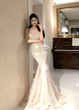 Elegant Sparkling Champagne Mermaid Dress with Chiffon Hem