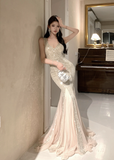 Elegant Sparkling Champagne Mermaid Dress with Chiffon Hem