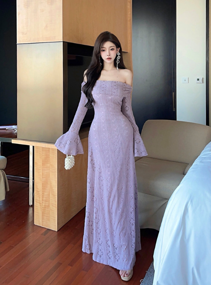 Elegant Off - shoulder Lilac Lace Bell - sleeve Maxi Dress