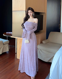 Elegant Off - shoulder Lilac Lace Bell - sleeve Maxi Dress