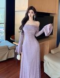 Elegant Off - shoulder Lilac Lace Bell - sleeve Maxi Dress