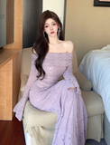 Elegant Off - shoulder Lilac Lace Bell - sleeve Maxi Dress