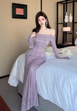 Elegant Off - shoulder Lilac Lace Bell - sleeve Maxi Dress