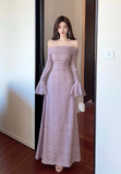 Elegant Off - shoulder Lilac Lace Bell - sleeve Maxi Dress