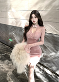 Stylish Mandarin - collar Blush Lace and Velvet Mini Dress