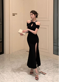 Elegant Off - shoulder Black Halter Dress with High Slit