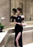 Elegant Off - shoulder Black Halter Dress with High Slit