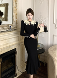 Elegant Long - sleeve Black Dress with Floral Collar Trim