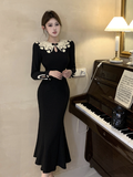 Elegant Long - sleeve Black Dress with Floral Collar Trim