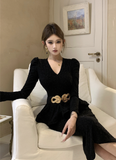 Elegant Long - sleeve Sparkly Black Peplum Midi Dress