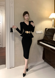 Elegant Long - sleeve Sparkly Black Peplum Midi Dress