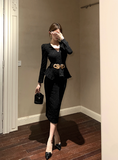 Elegant Long - sleeve Sparkly Black Peplum Midi Dress