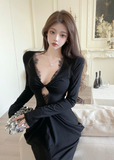 Elegant Deep V - neck Black Dress with Lace Inset