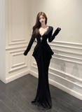 Elegant Deep V - neck Black Dress with Lace Inset