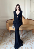 Elegant Deep V - neck Black Dress with Lace Inset