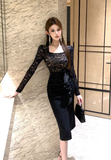 Stylish Square - neck Black Lace Long - sleeve Midi Dress