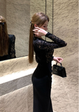 Stylish Square - neck Black Lace Long - sleeve Midi Dress