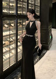 Stylish Sleeveless Black Dress with Sparkling Belt and Cut - out Neck