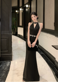 Stylish Sleeveless Black Dress with Sparkling Belt and Cut - out Neck