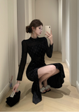 Stylish Long - sleeve Sparkling Black Mesh and Velvet Gown