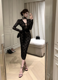 Stylish Long - sleeve Black Lace Dress with Cut - out Detail