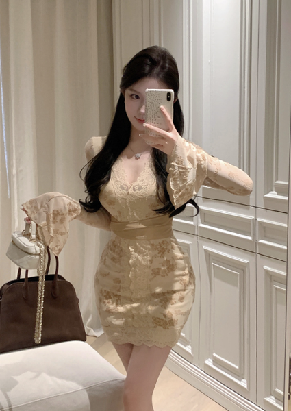 Stylish Long - sleeve Cream Floral Lace Bodycon Mini Dress