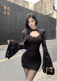 Elegant Cut - out Bodice Black Lace Mini Dress