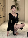 Stylish Long - sleeve Black Velvet Midi Dress with Side Slit