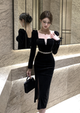 Stylish Long - sleeve Black Velvet Midi Dress with Side Slit