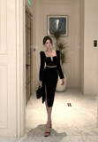 Stylish Long - sleeve Black Velvet Midi Dress with Side Slit