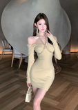 Stylish Long - sleeve Cream Bodycon Dress with Sparkling Detail