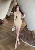 Stylish Long - sleeve Cream Bodycon Dress with Sparkling Detail