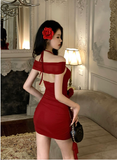 Stylish Halter Neck Red Dress with Floral Decorations