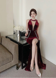 Stylish Sleeveless Plunging Red Velvet Dress with Side Slit