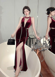 Stylish Sleeveless Plunging Red Velvet Dress with Side Slit