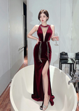 Stylish Sleeveless Plunging Red Velvet Dress with Side Slit