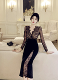 Elegant Long - sleeve Black Dress with Floral Lace Bodice