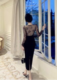 Elegant Long - sleeve Black Dress with Floral Lace Bodice