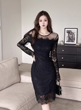 Stylish Long - sleeve Black Dress with Sheer Mesh Yoke