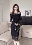 Stylish Long - sleeve Black Dress with Sheer Mesh Yoke