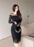 Stylish Long - sleeve Black Dress with Sheer Mesh Yoke