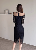 Stylish Long - sleeve Black Dress with Sheer Mesh Yoke