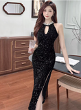 Stylish Cut - out Neckline Sparkling Black Midi Dress