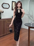 Stylish Cut - out Neckline Sparkling Black Midi Dress