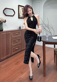 Stylish Cut - out Neckline Sparkling Black Midi Dress